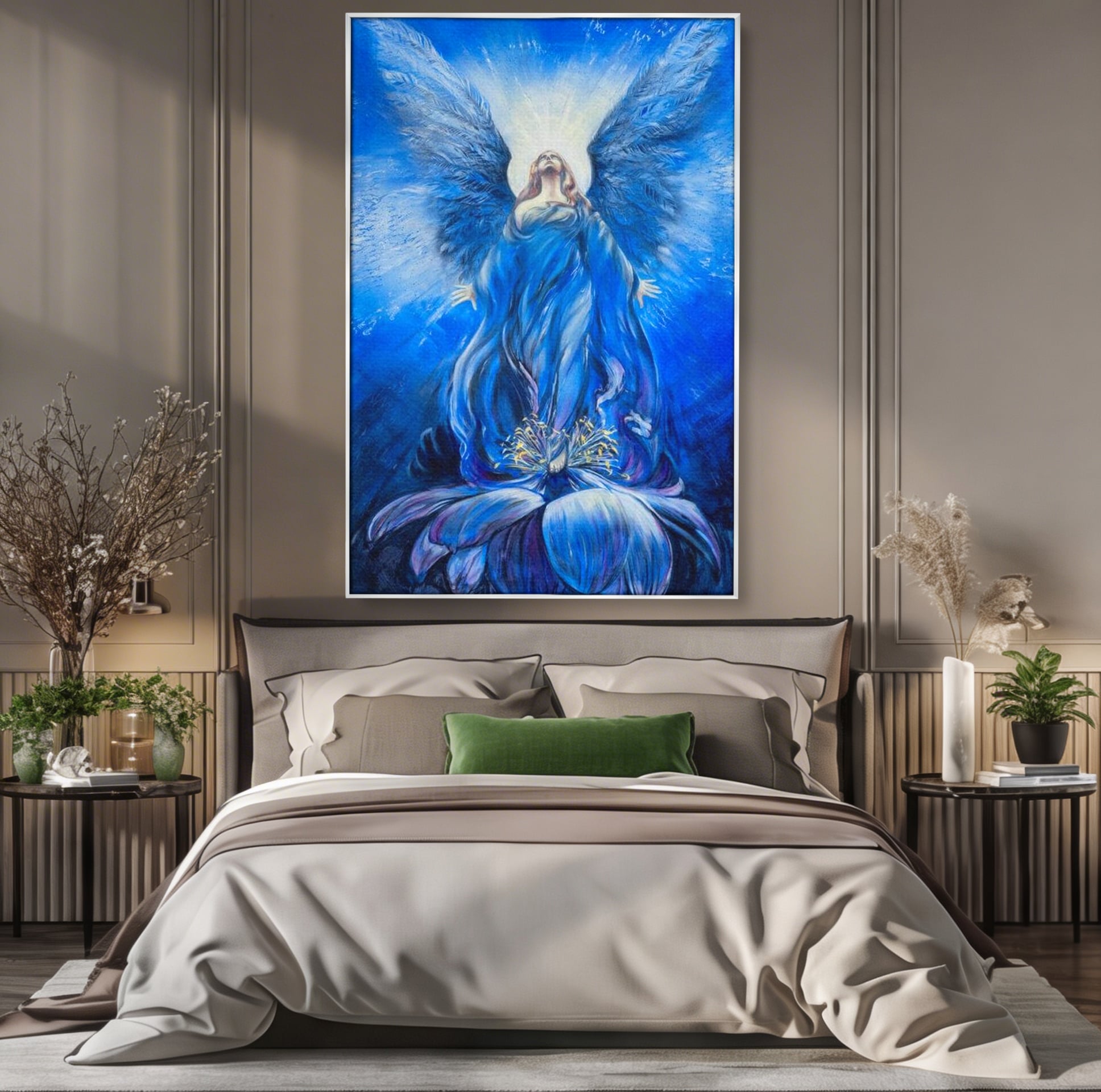 Tablou canvas cu tablou canvas cu inger albastru, in rama de aluminiu argintiu, pe perete intr-un dormitor